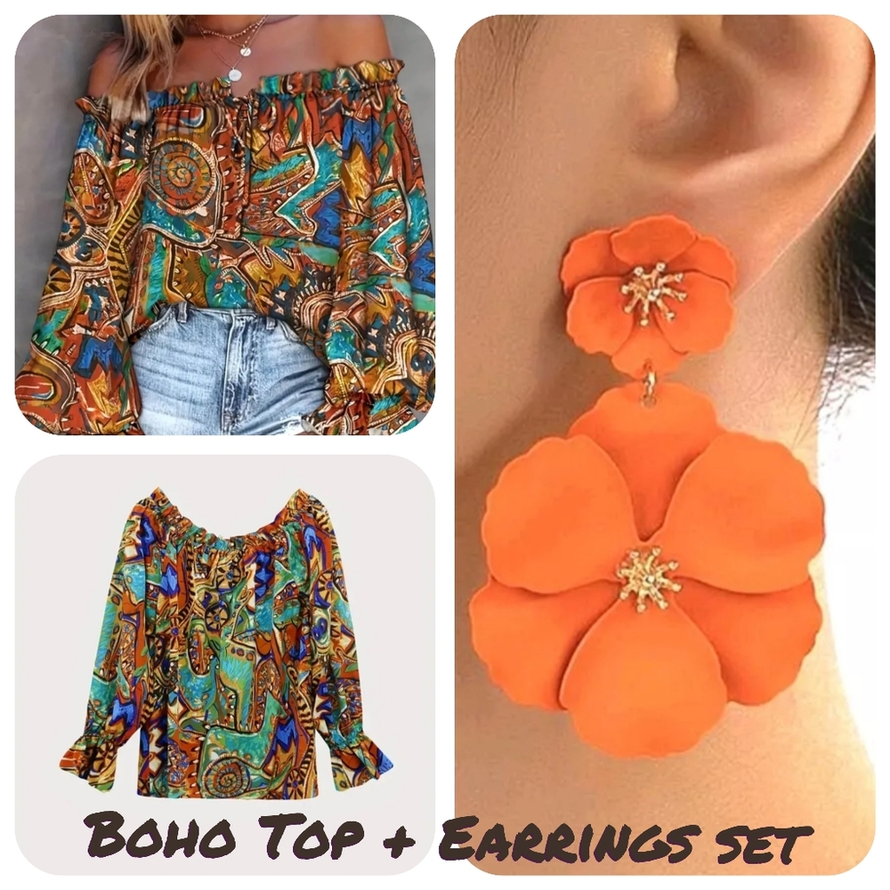 Boho Top earrings Set Bohemian Style fashion blouse Brown Red Orange Geometric - Picture 2 of 12